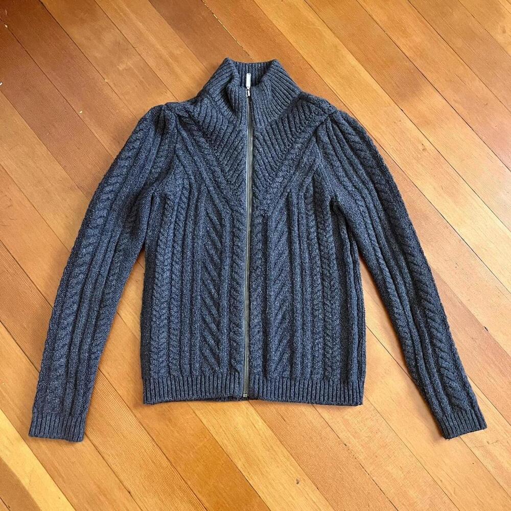 Hinge Y2K Grey Standout Cable Knit Chevron Detailed Zip-Up Sweater, Size XS